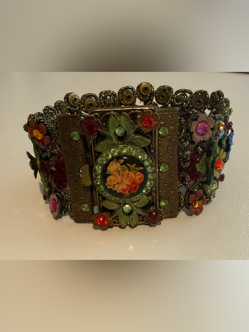 Michal Negrin Floral Jeweled  Bracelet in Antique Gold with Multicolor Gems